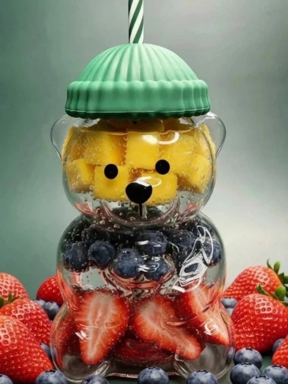 Starbucks Inspired Bear Tumbler with Green Ribbed Lid